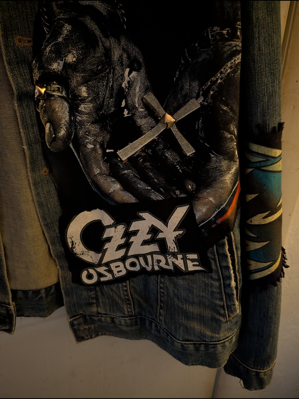 Custom Denim Jacket with Ozzy Osbourne Patch and Skull Cross - Picture 2 of 10